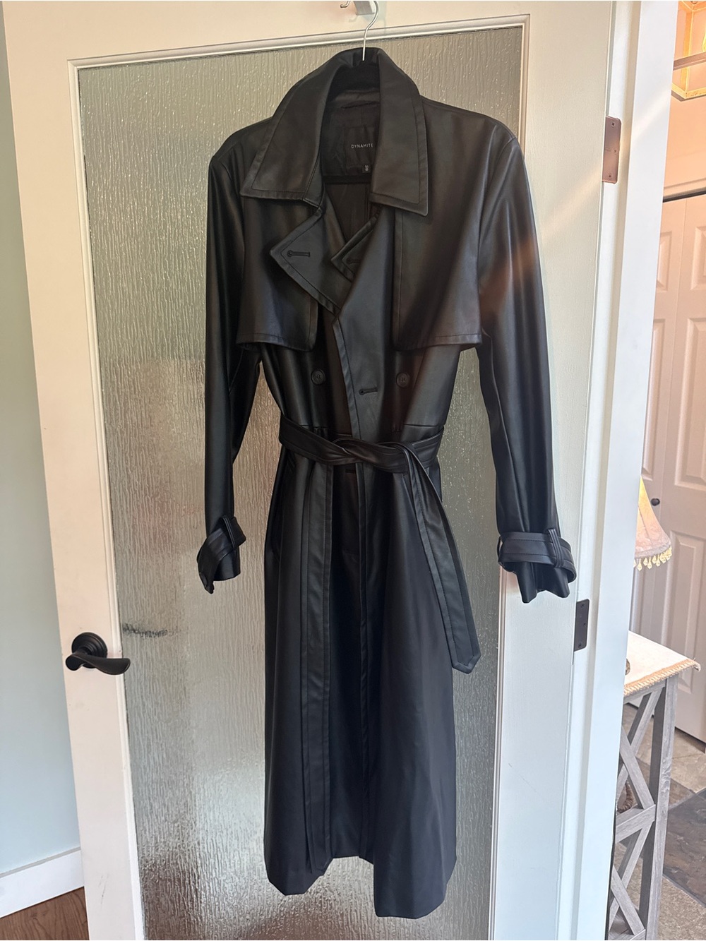 Dynamite Classic Black Long Faux-Leather Trench Coat